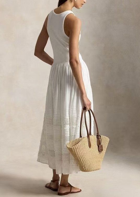Women White Wrinkled Patchwork Lace Holiday Dress Sleeveless