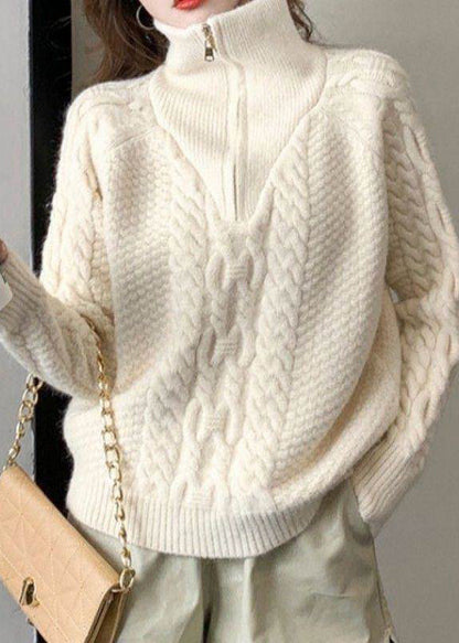 Women White Zip Up Warm Cable Knitted Tops Winter