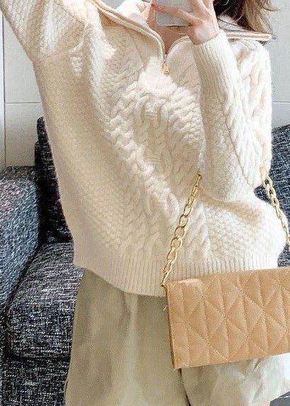 Women White Zip Up Warm Cable Knitted Tops Winter