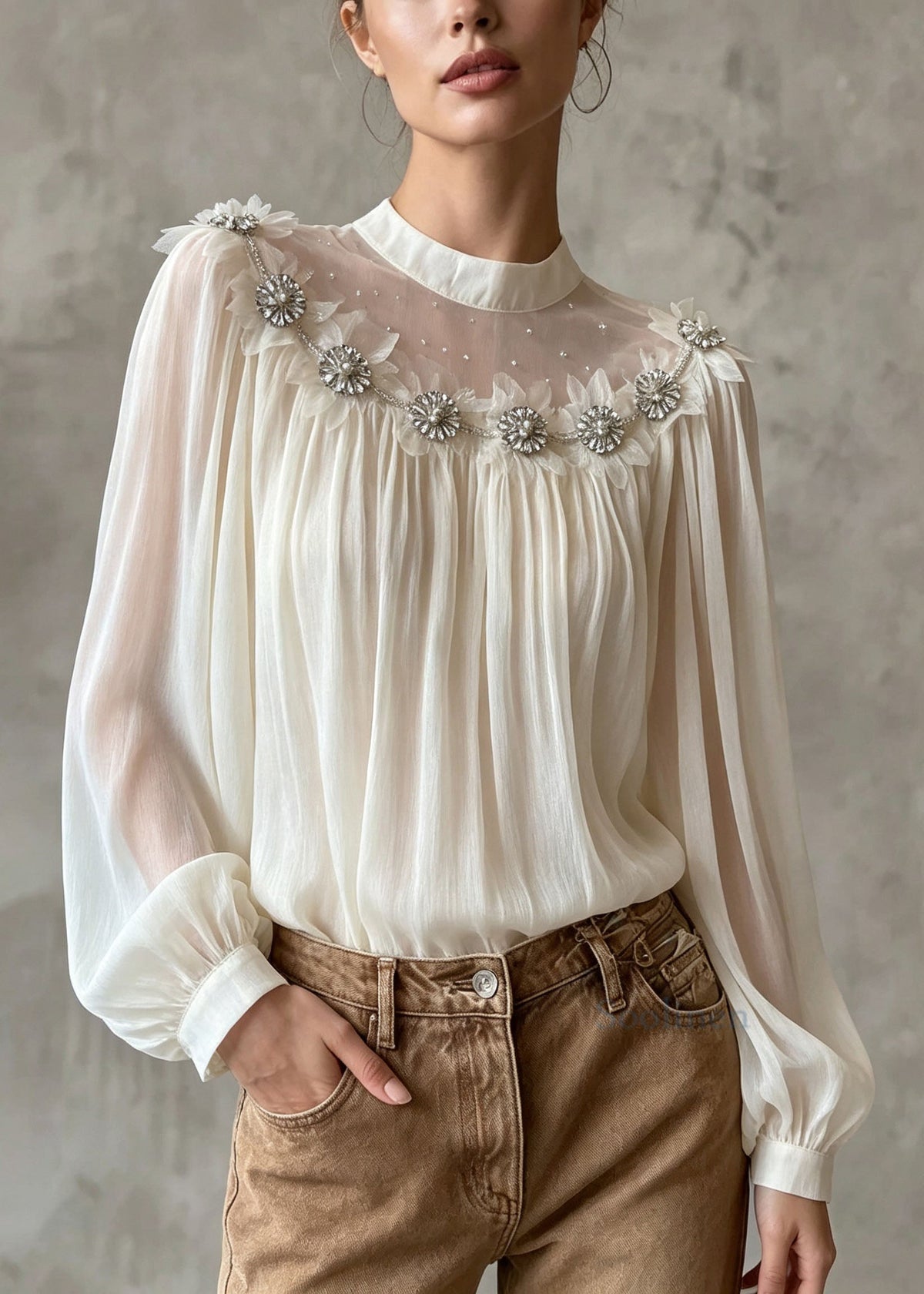 Women White Zircon Patchwork Chiffon Top Lantern Sleeve