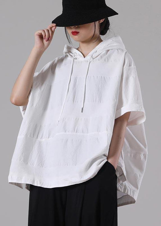 Women White hooded side open Cotton T Shirt Summer - SooLinen