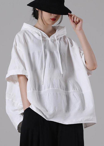 Women White hooded side open Cotton T Shirt Summer - SooLinen