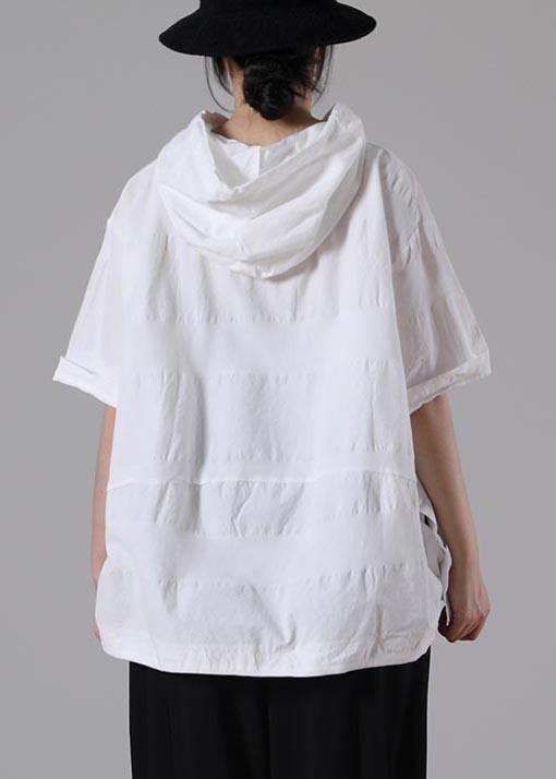 Women White hooded side open Cotton T Shirt Summer - SooLinen