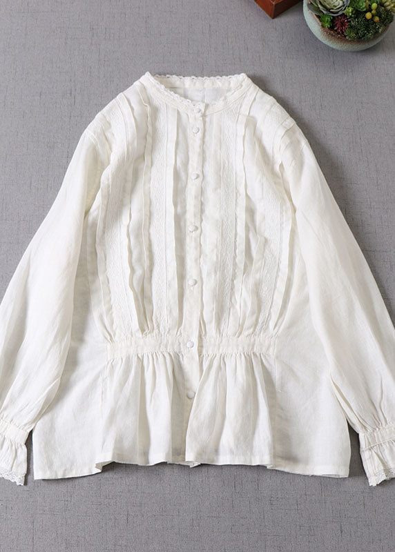 Frauen Weiß faltig Patchwork Tops Langarm