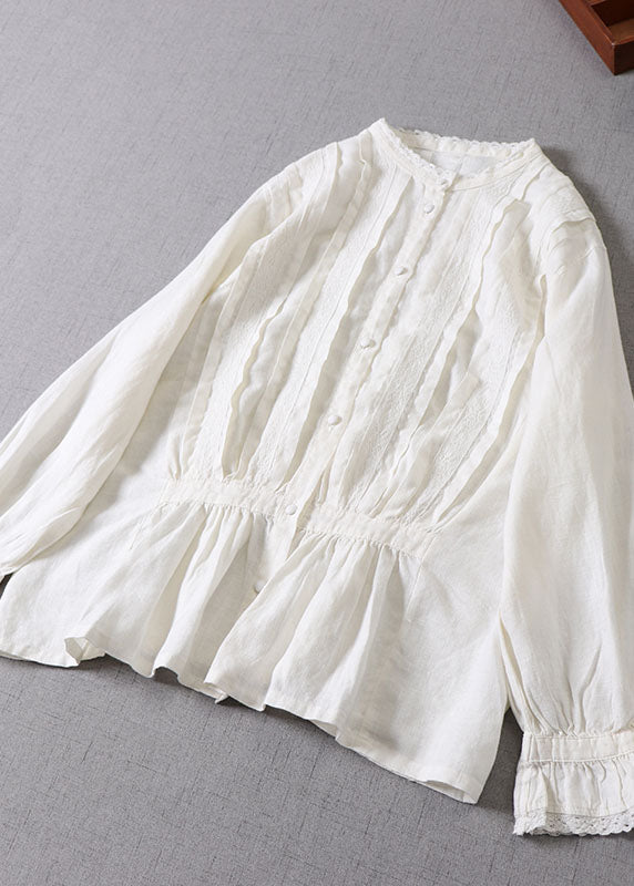 Frauen Weiß faltig Patchwork Tops Langarm