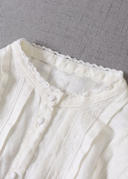 Frauen Weiß faltig Patchwork Tops Langarm