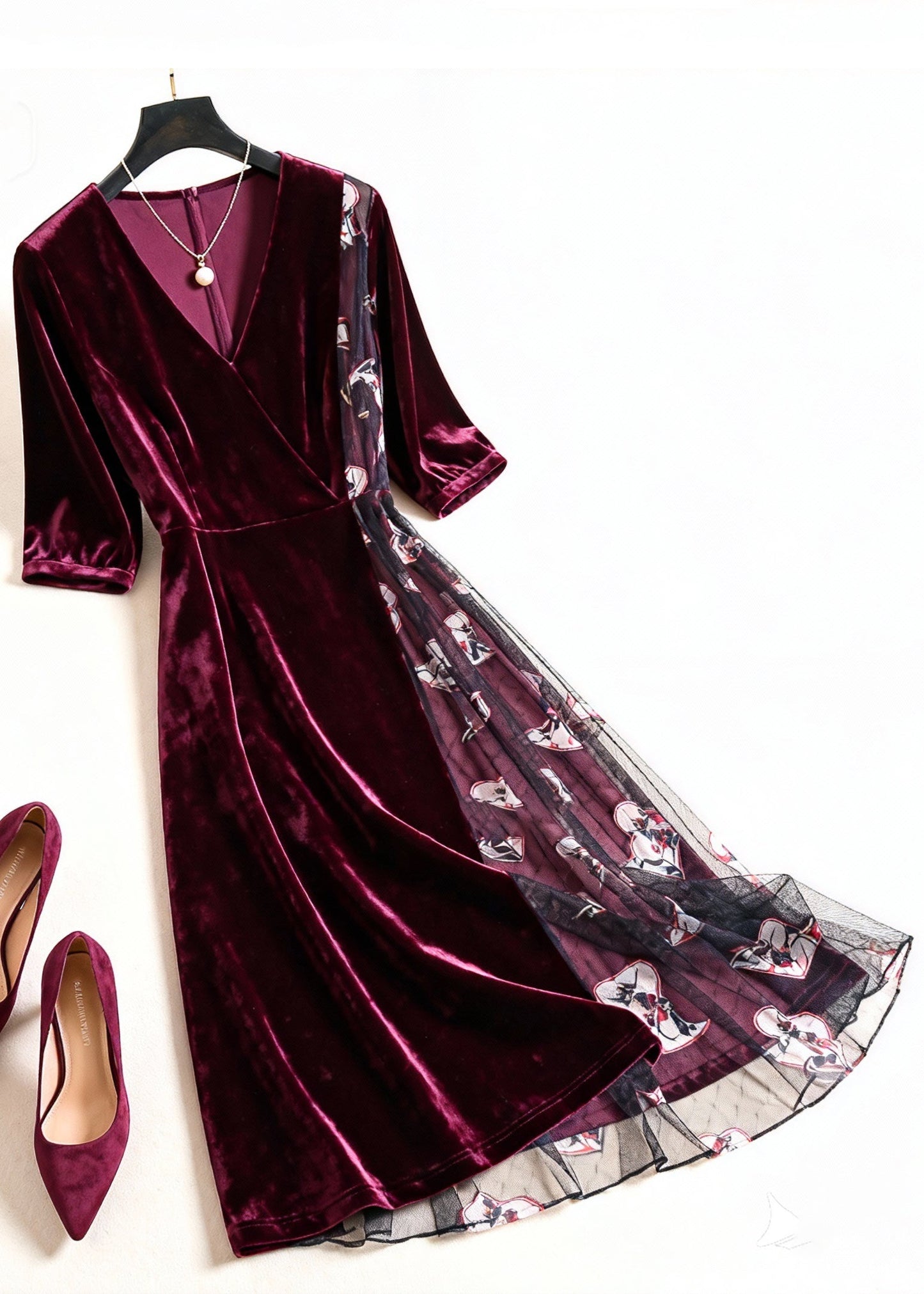 Women Wine Red Print Tulle Patchwork Silk Velvet Dress Summer