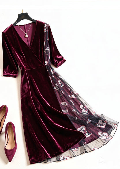 Women Wine Red Print Tulle Patchwork Silk Velvet Dress Summer