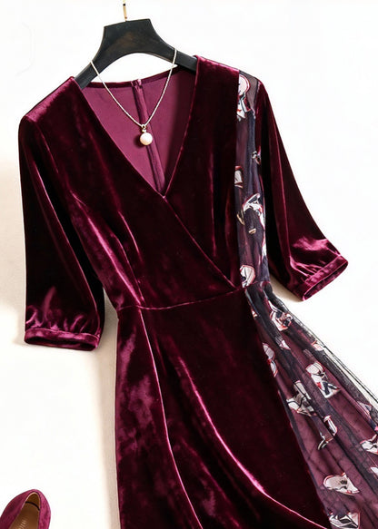 Women Wine Red Print Tulle Patchwork Silk Velvet Dress Summer