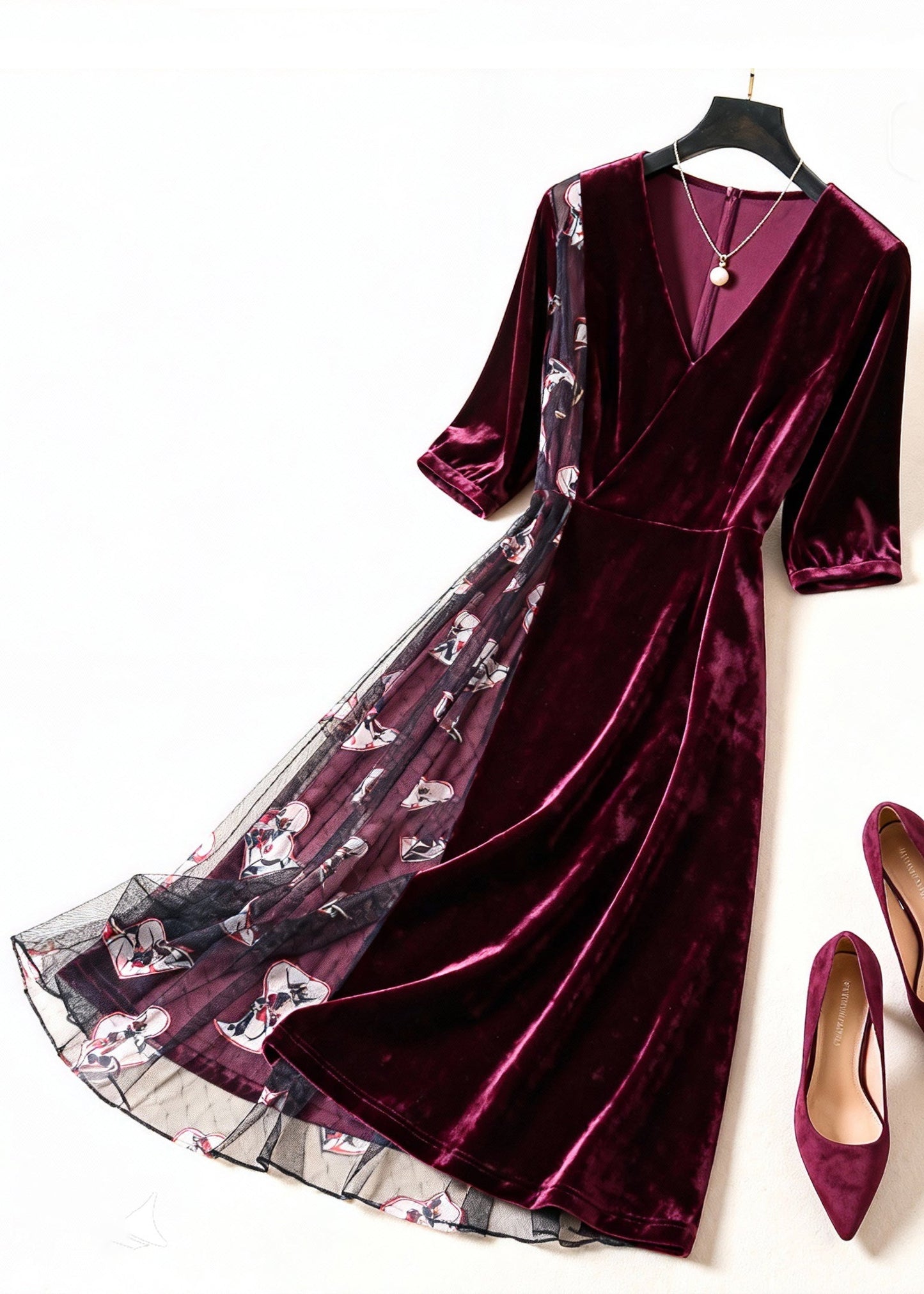 Women Wine Red Print Tulle Patchwork Silk Velvet Dress Summer