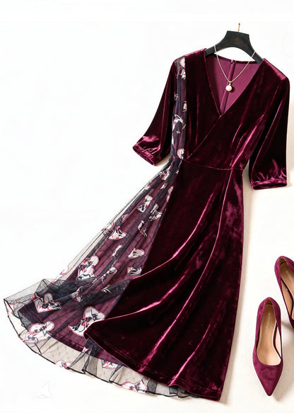 Women Wine Red Print Tulle Patchwork Silk Velvet Dress Summer