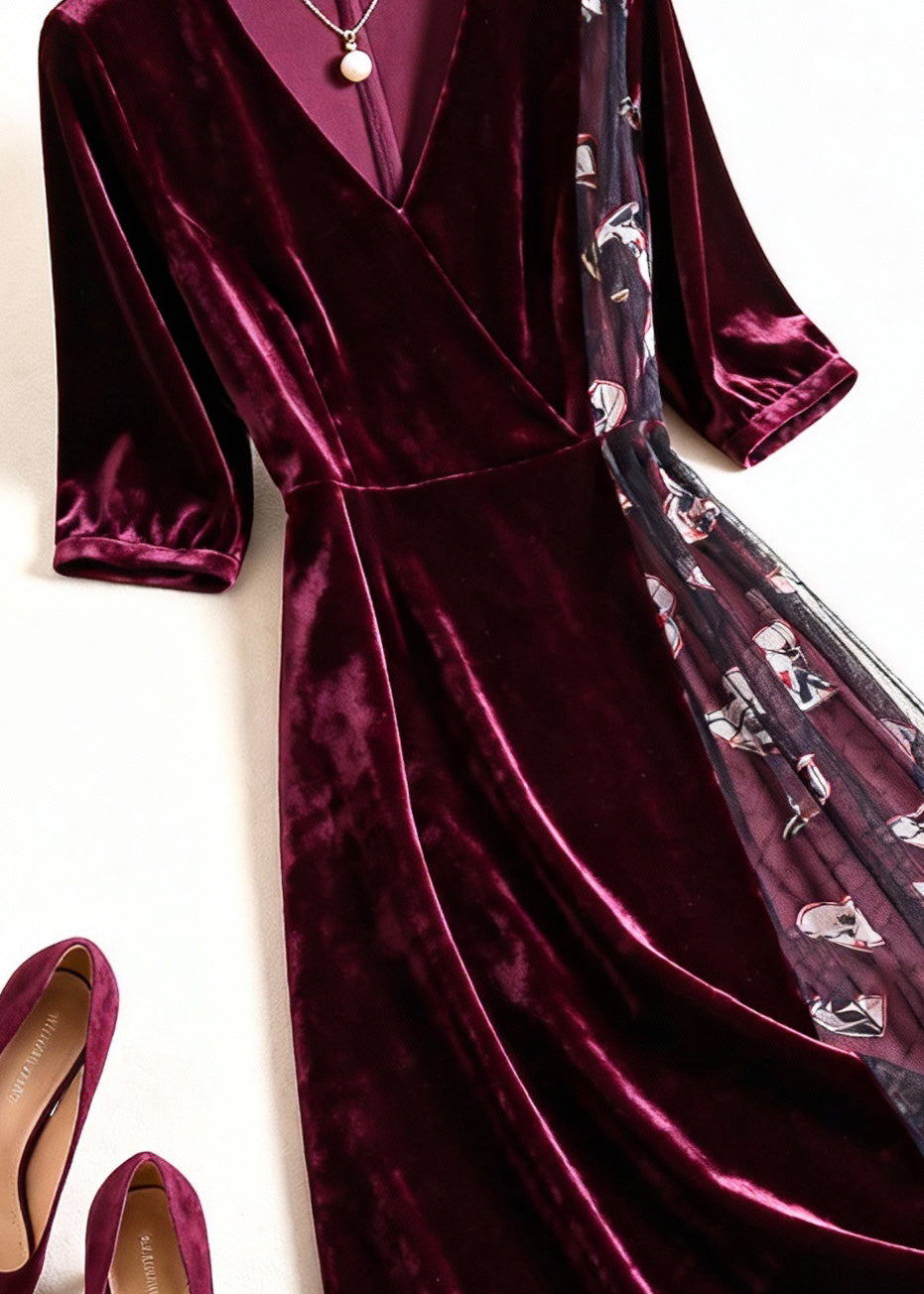 Women Wine Red Print Tulle Patchwork Silk Velvet Dress Summer