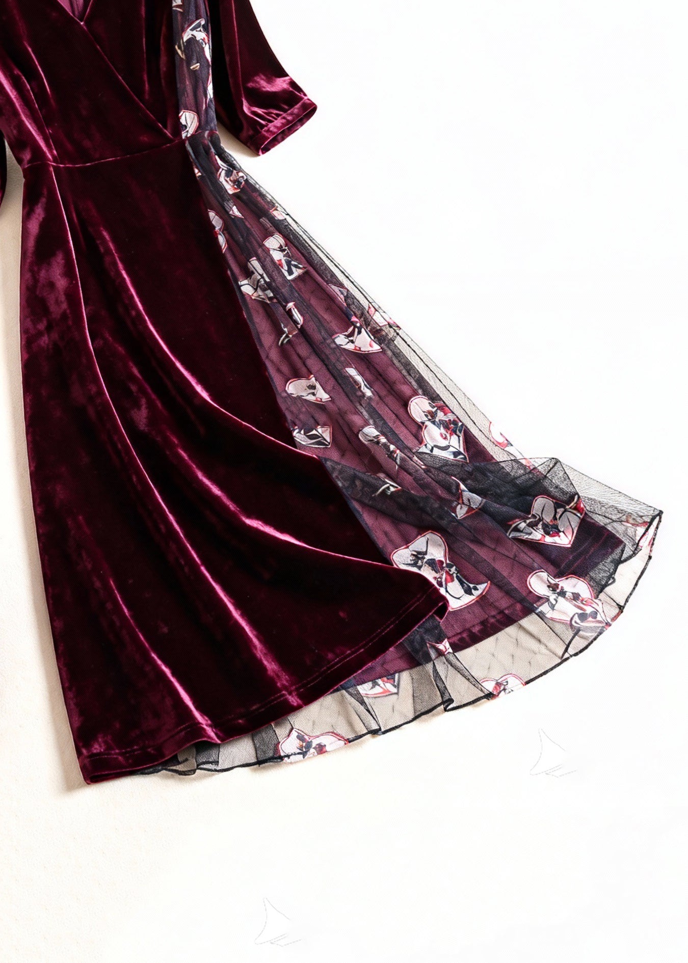 Women Wine Red Print Tulle Patchwork Silk Velvet Dress Summer