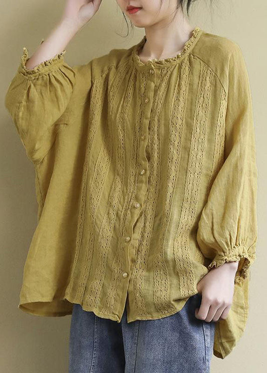 Frauen Gelbe Knopf Bestickte Leinenhemden Langarm