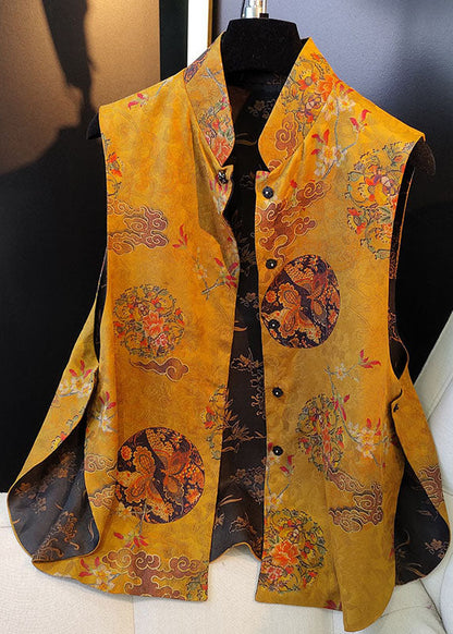 Damen Gelbe Knopf Jacquard Beidseitig tragbar Herbst Ärmellose Weste