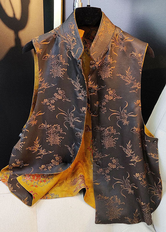 Damen Gelbe Knopf Jacquard Beidseitig tragbar Herbst Ärmellose Weste