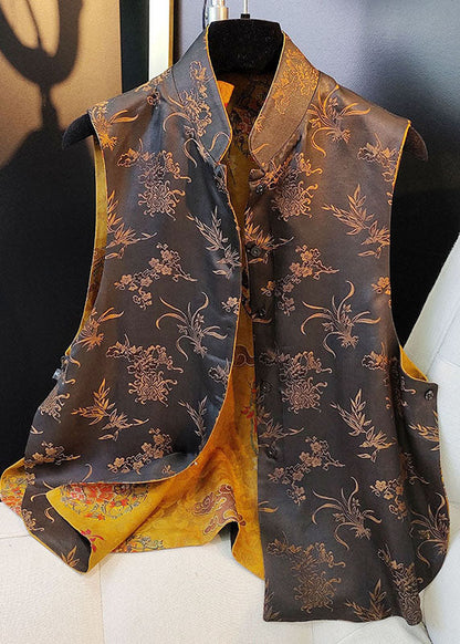 Damen Gelbe Knopf Jacquard Beidseitig tragbar Herbst Ärmellose Weste