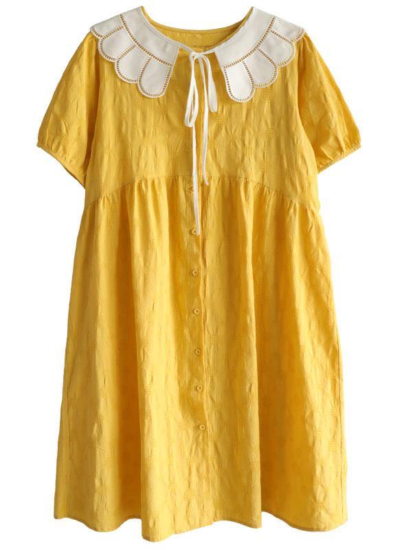 Women Yellow Button Patchwork Summer Cotton Short Sleeve Dress - SooLinen