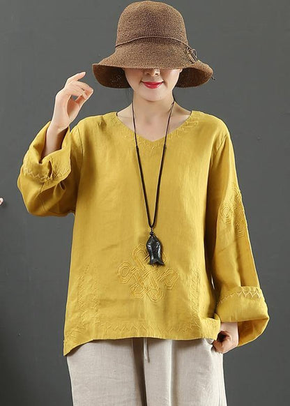 Women Yellow Clothes V Neck Embroidery Dresses Spring Blouse - SooLinen