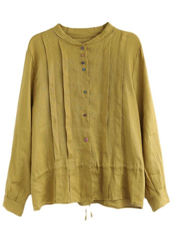 Women Yellow Elegant Button Fall Top Long Sleeve Linen - SooLinen