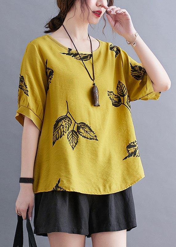 Women Yellow Half Sleeve Shirt Tops Summer Cotton Linen - SooLinen
