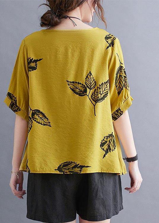 Women Yellow Half Sleeve Shirt Tops Summer Cotton Linen - SooLinen