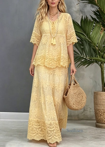 Women Yellow Hollow Out Patchwork Lace Two Pieces Set Summer