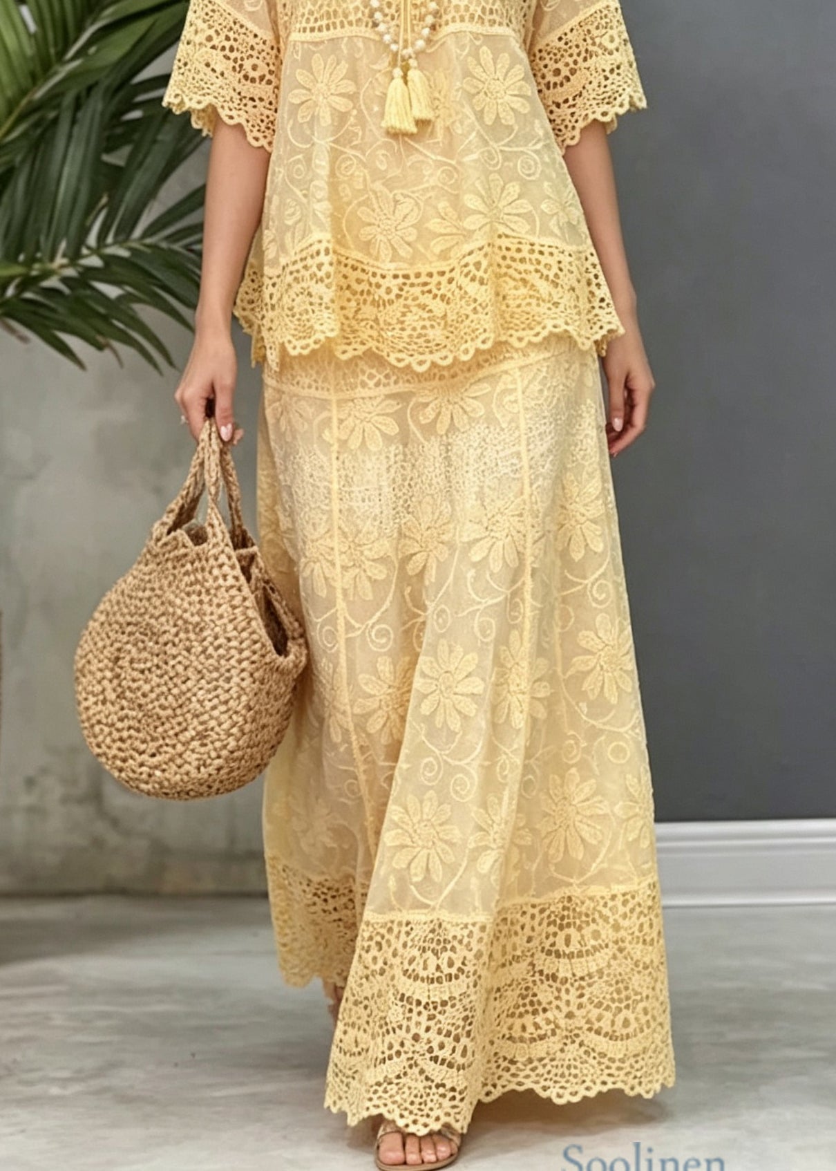 Women Yellow Hollow Out Patchwork Lace Two Pieces Set Summer
