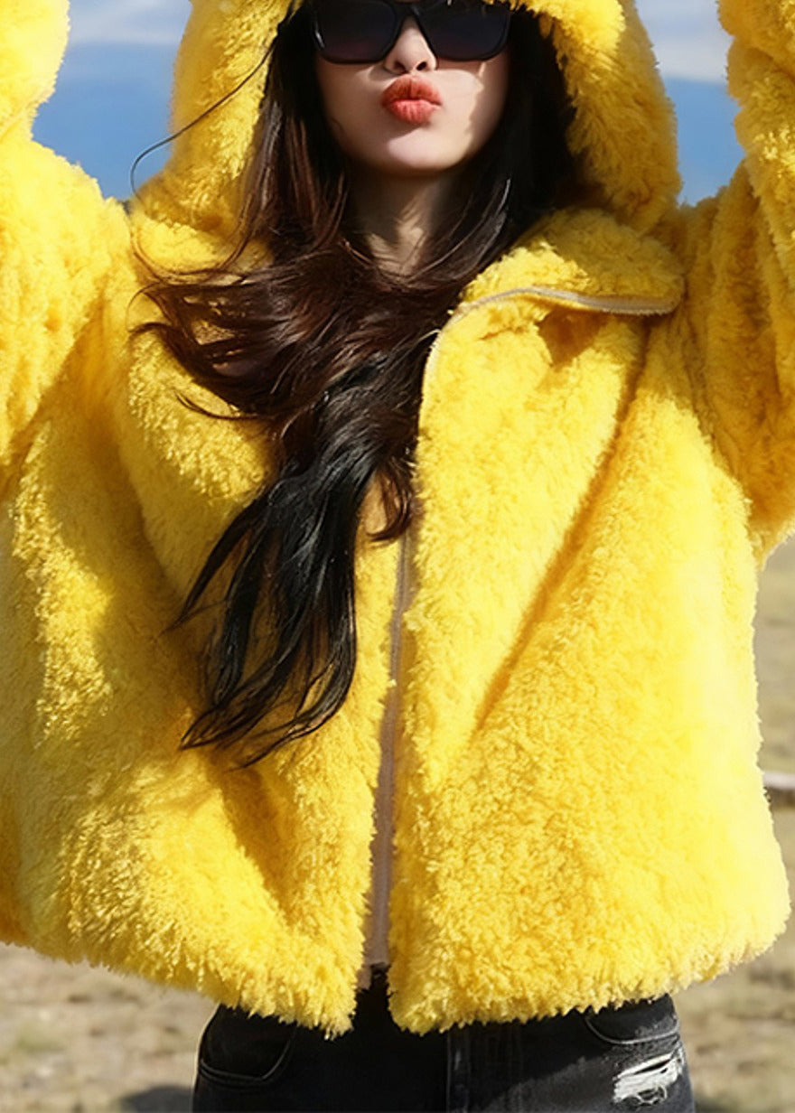 Damen gelber Kapuzenmantel mit Hasenohren, Reißverschluss, einfarbig, flauschig, Winter