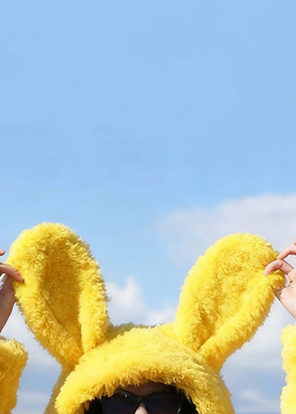 Damen gelber Kapuzenmantel mit Hasenohren, Reißverschluss, einfarbig, flauschig, Winter