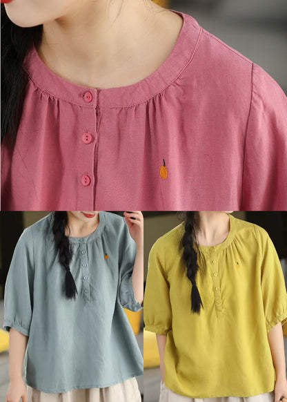Women Yellow O-Neck Embroidered Cotton Shirt Top Summer