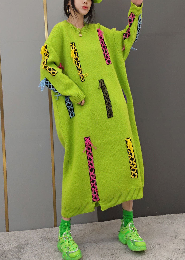 Frauen Gelb O-Ausschnitt Patchwork Strick lange Kleider Langarm