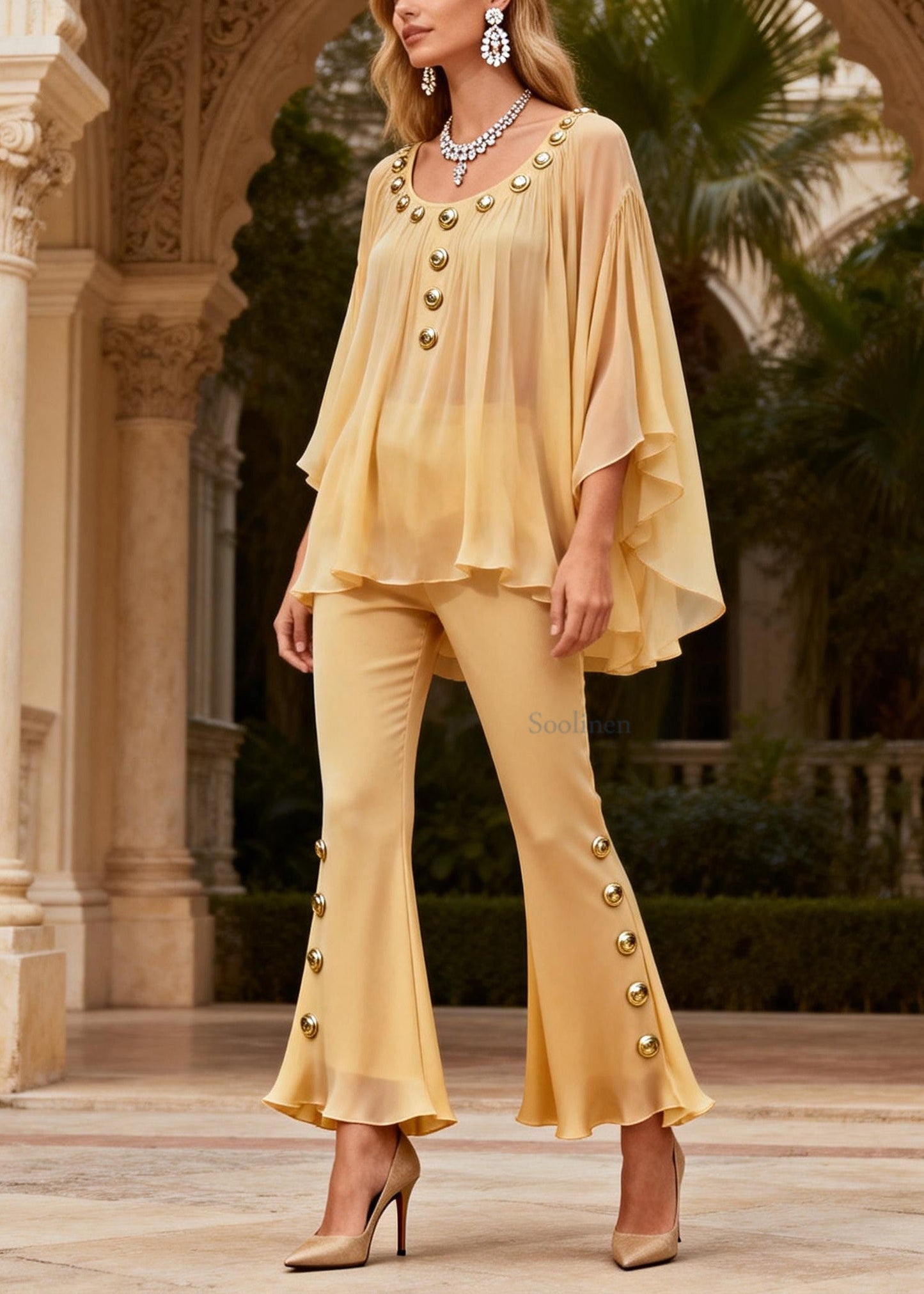 Women Yellow O Neck Sequined Silk Two-Piece Set Summer