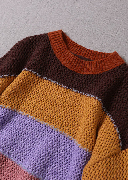 Frauen Gelb O-Ausschnitt Gestreiften Strick Pullover Frühling