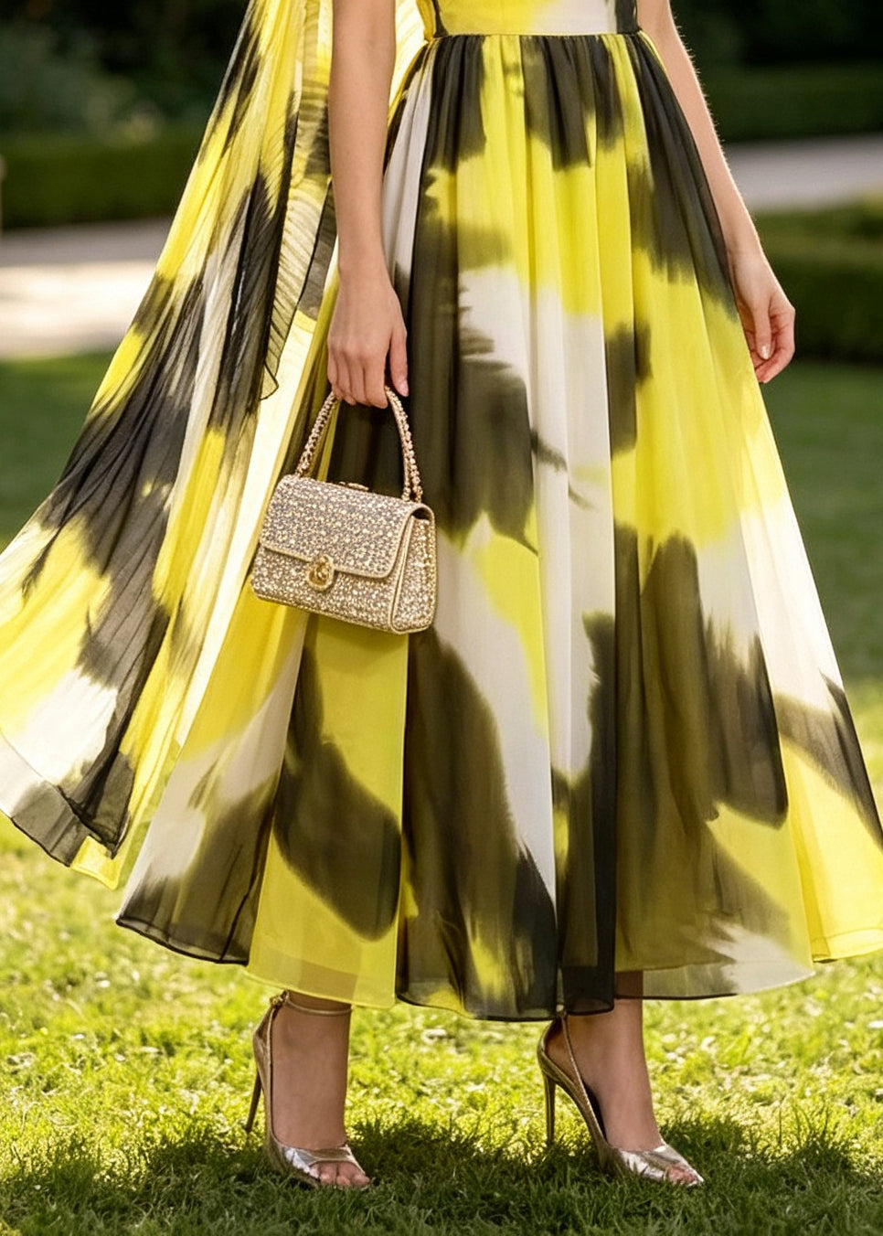 Women Yellow O Neck Tie Dye Cape Dress Chiffon Two Pieces Set Summer