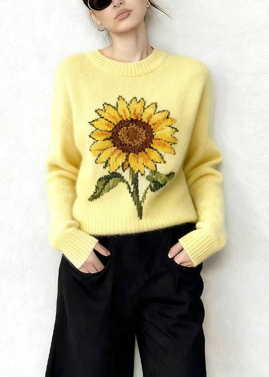 Damen Gelbe Oversize-Strickoberteile mit Sonnenblumen-Jacquardmuster für den Winter