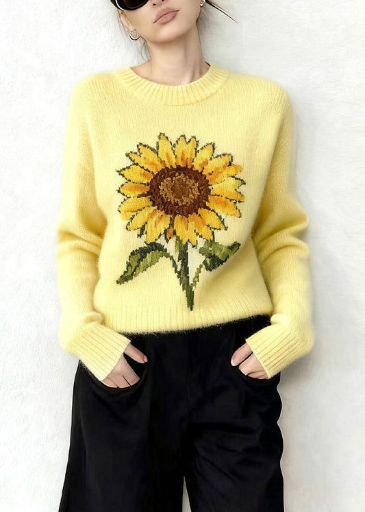 Damen Gelbe Oversize-Strickoberteile mit Sonnenblumen-Jacquardmuster für den Winter