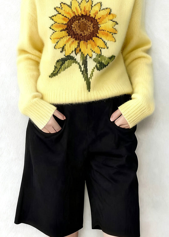 Women Yellow Oversized Sunflower Jacquard Knitted Tops Winter