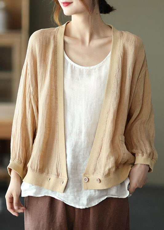 Women Yellow Patchwork Pockets Fall Button Long Sleeve Shirt Tops - SooLinen