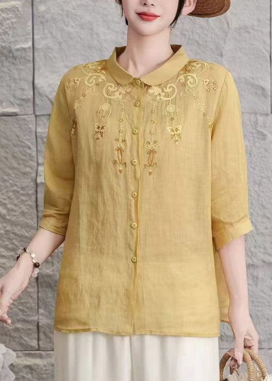 Women Yellow Peter Pan Collar Embroidered Linen Blouse Top Summer
