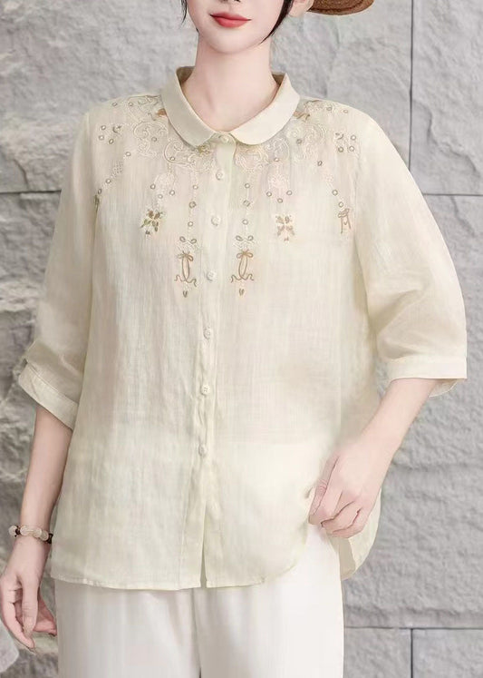Women Yellow Peter Pan Collar Embroidered Linen Blouse Top Summer