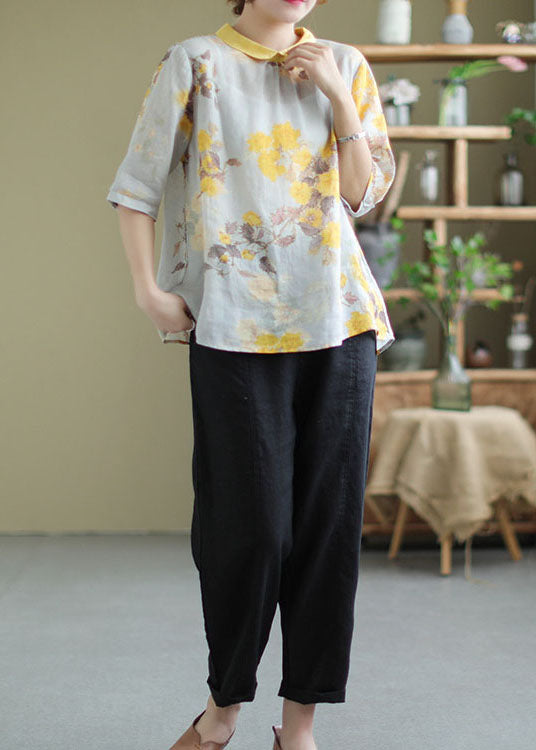 Frauen Gelb Peter Pan Kragen Print Patchwork Leinen Top Sommer