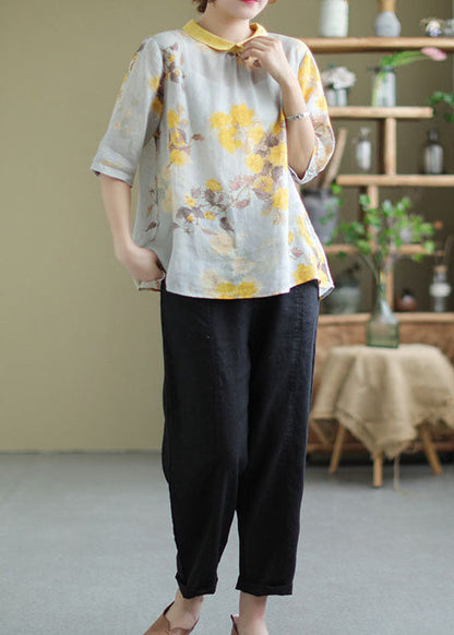 Frauen Gelb Peter Pan Kragen Print Patchwork Leinen Top Sommer