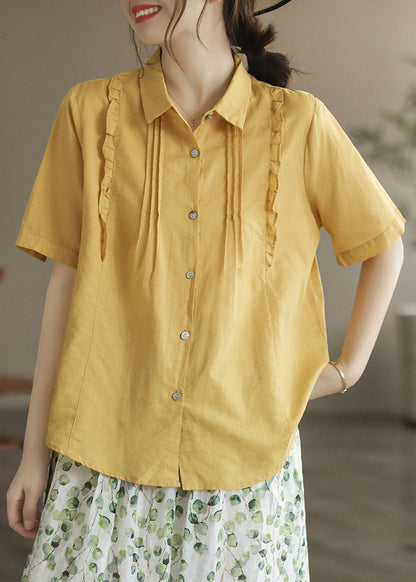 Blusas de algodón con cuello Peter Pan y volantes de patchwork para mujer, color amarillo, para verano