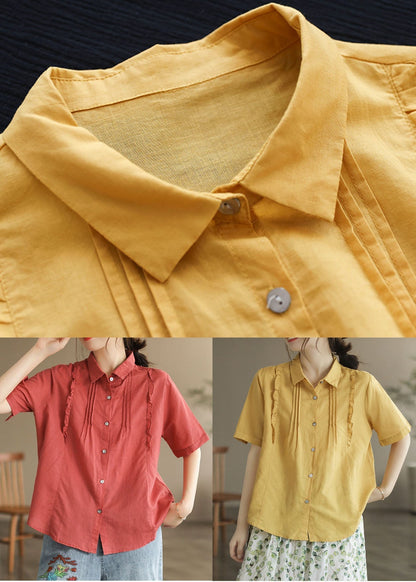 Blusas de algodón con cuello Peter Pan y volantes de patchwork para mujer, color amarillo, para verano