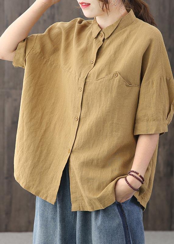 Women Yellow Peter Pan Collar asymmetrical design Cotton Linen Shirts Summer - SooLinen