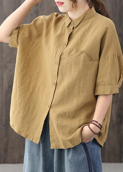 Women Yellow Peter Pan Collar asymmetrical design Cotton Linen Shirts Summer - SooLinen