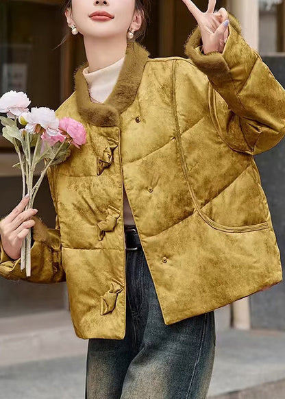 Damen gelber Patchwork-Wintermantel mit Taschen und Entendaunen