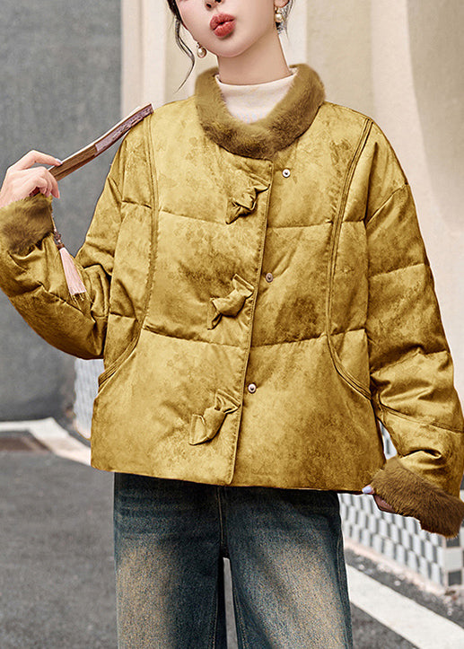 Damen gelber Patchwork-Wintermantel mit Taschen und Entendaunen