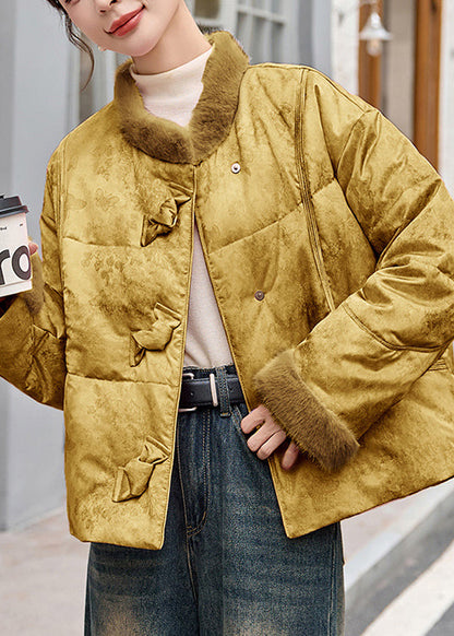 Damen gelber Patchwork-Wintermantel mit Taschen und Entendaunen